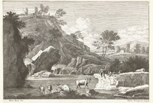 Landscape with two shepherds and cattle by the water