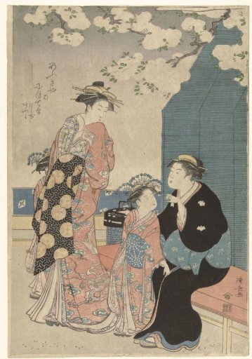 Courtesan with two attendants under cherryblossom