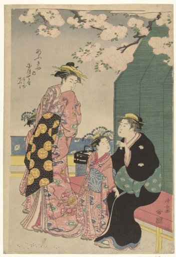 Courtesan with two attendants under cherryblossom