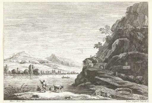 River landscape with a house against a rock