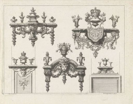Three Consoles and Two Crown Elements for Pilasters or Trumeaus