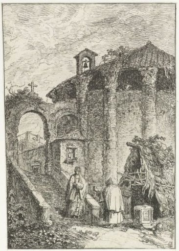 View of dwellings and antique ruins on the edge of a town