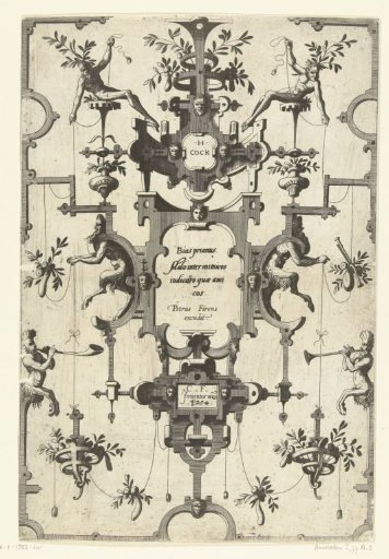 Cartouche with Text of Bias Between Two Satyrs in Scrollwork