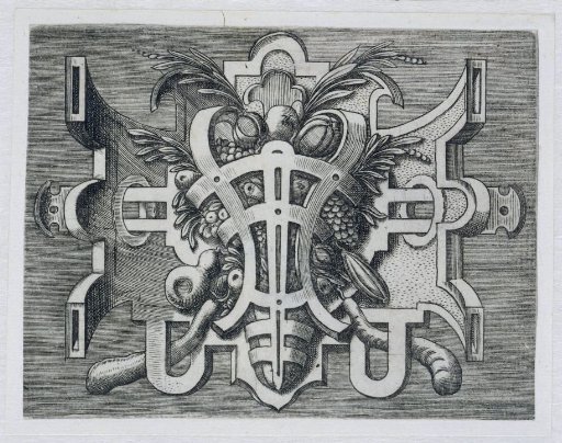Cartouche of Scrollwork with a Basket Full of Fruit