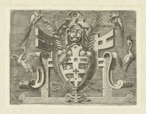 Cartouche of scrollwork with a vase