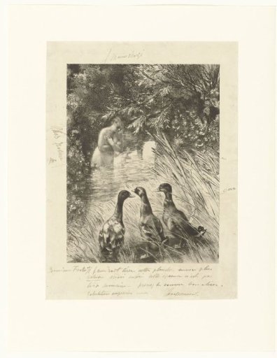 Bathing woman and three ducks on the bank