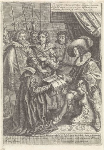 Louis XIII receiving a book from Johannes Riolanus