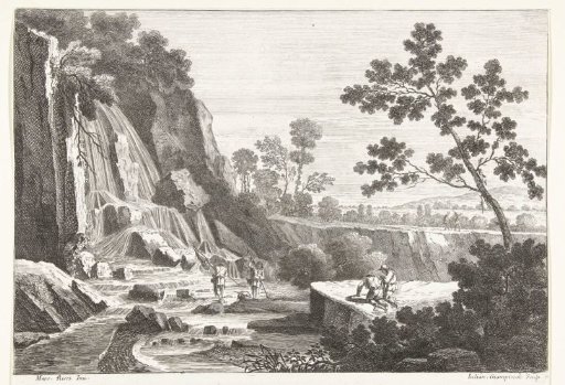 Landscape with a waterfall and fishermen and other figures