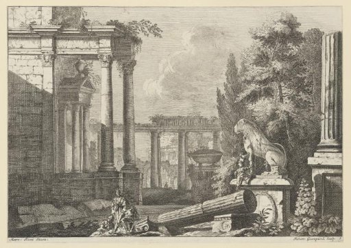 Landscape with antique ruins and a monument with a lion