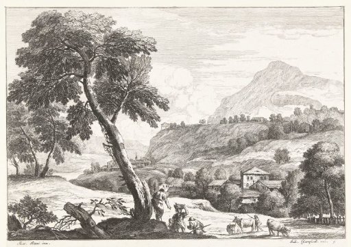 Hilly landscape with a few figures near a tree