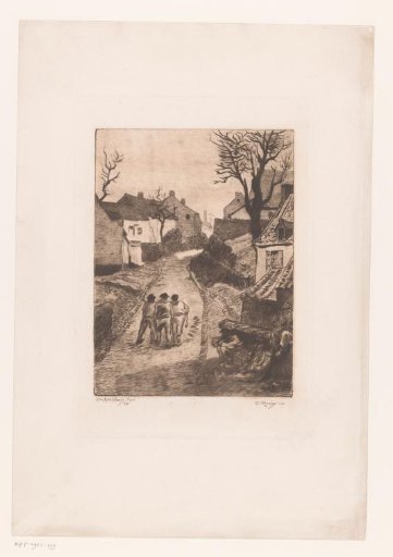 Three men walking on a road in a mining village
