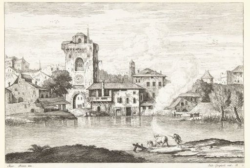 View of a town with a tower on the water