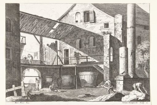 Farmyard with two large casks
