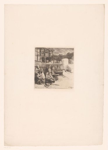 Kneeling beggars against a fence