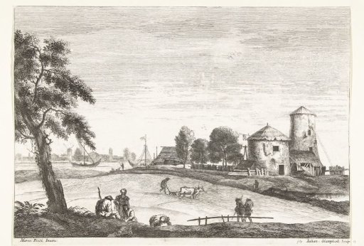 Landscape with a ploughing farmer near a farm