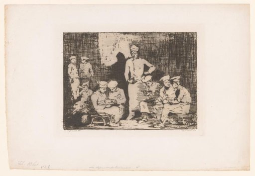 Dark interior with a group of eating cooks