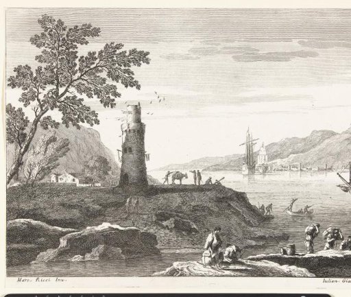 Coastal landscape with a lighthouse and ships at anchor in a bay