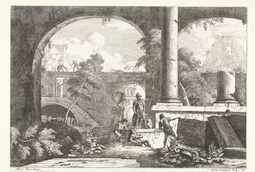 Antique ruins with a few men near a statue