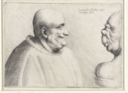 Heads of a large bald man and a grotesque woman