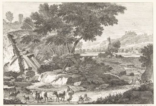 Landscape with shepherds and cattle near a waterfall