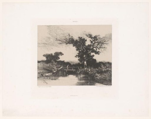 River landscape with tree and narrow bridge