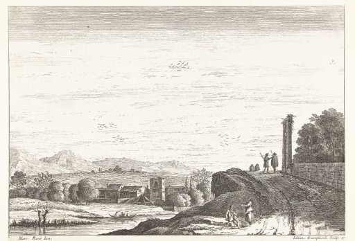Road along a river with figures and two antique columns