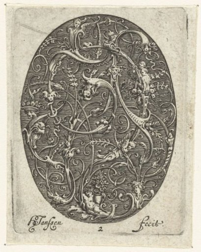 Oval with Stylized Vines Incorporating Heads