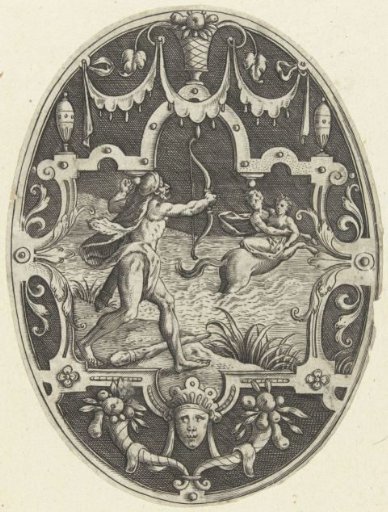 Flat decoration: Hercules shoots the centaur Nessus, who attempts to abduct Deianira