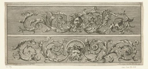 Two friezes with leafy scrolls and masks
