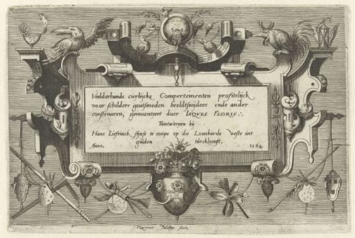 Cartouche with a scrollwork frame, decorated with birds and artist's trophies