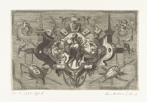 Cartouche with a coat of arms flanked by two masks and a profile