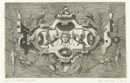 Cartouche with four shells and a mask flanked by two swans