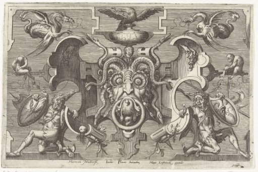 Cartouche with a mask wearing snakes as hair