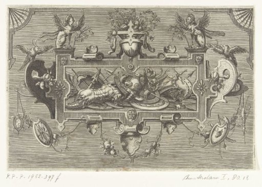 Cartouche with a coat of arms trophy in a scrollwork frame, surmounted by two sphinxes