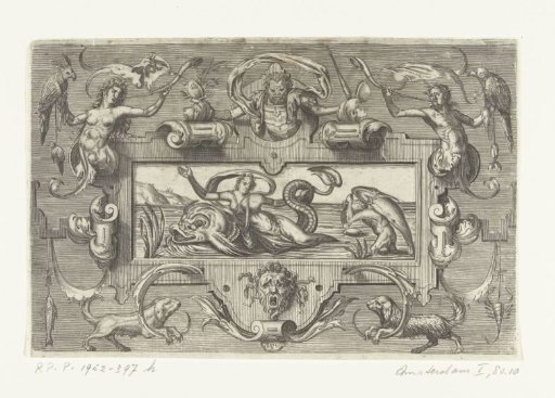 Cartouche with a woman on a sea monster