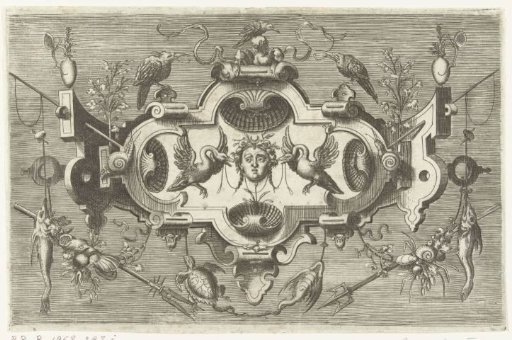 Cartouche with four shells and a mask flanked by two swans