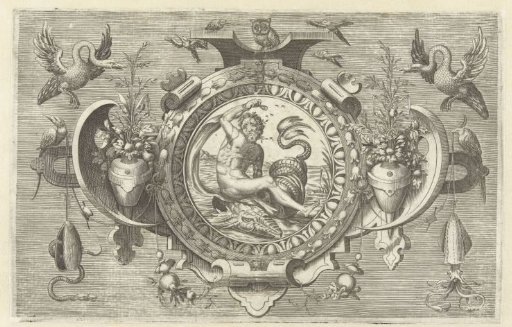 Cartouche with a man on a sea monster
