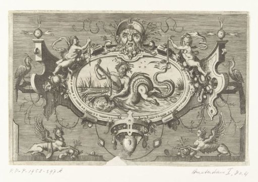 Cartouche with a triton playing a violin
