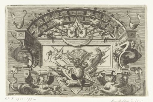 Cartouche in a scrollwork frame, with a coat of arms trophy and two sphinxes with fish tails