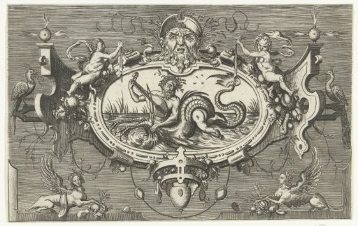 Cartouche with a triton playing a violin