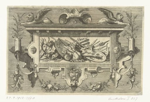 Cartouche with a coat of arms trophy in a scrollwork frame, surmounted by two winged lions