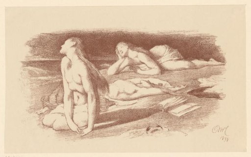 Three nude women by the sea