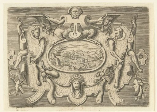 Cartouche of scrollwork with satyrs
