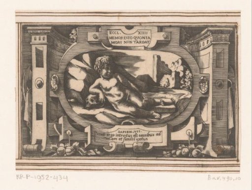 Cartouche with reclining putto beside skull