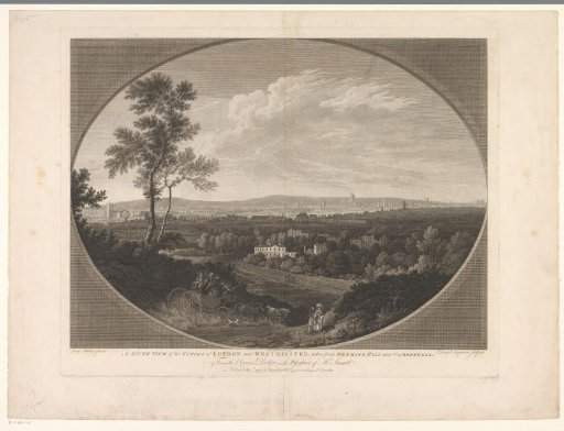 Figures in and on a Carriage with a View of London in the Background