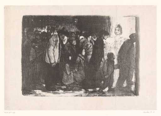 Poor People Outside in Line Entering a Lit Door