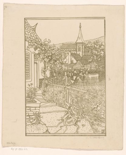 View of a garden with a water well, houses and a church tower