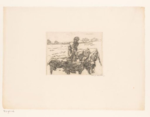 Four goats and a peasant woman in the meadow