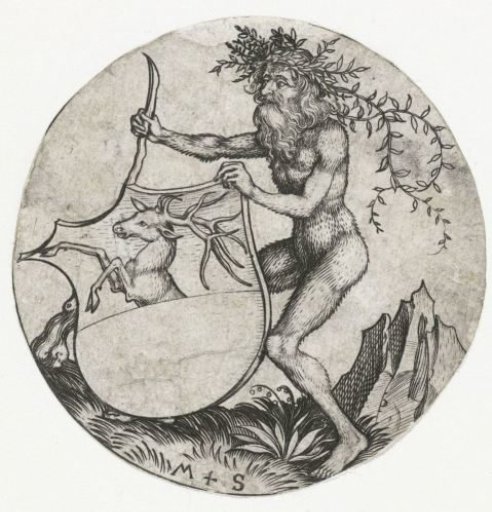 Shield with a stag, held by a wild man with a club