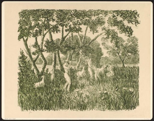 Pan with Two Human Beings and Animals in a Landscape with Scattered Trees